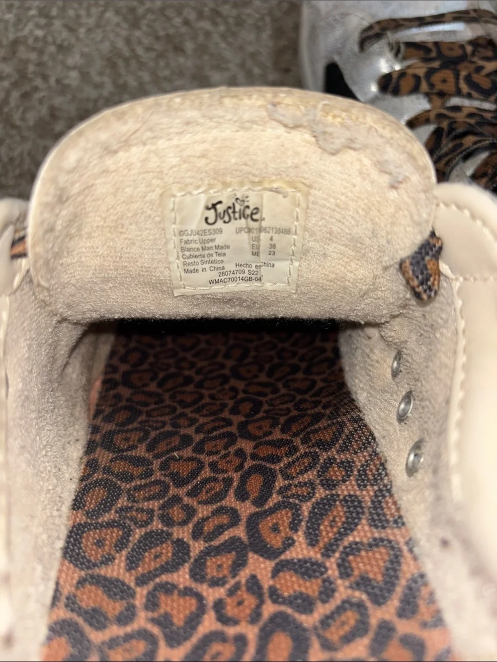 Justice Kids White Black Sneakers with Leopard Print Laces